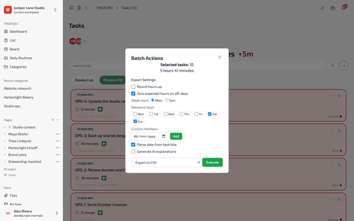Task list in select mode with the batch actions dialog open, export to CSV.