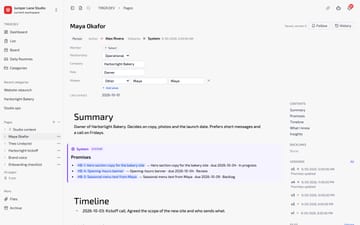 Person page Maya Okafor with properties and open tasks.