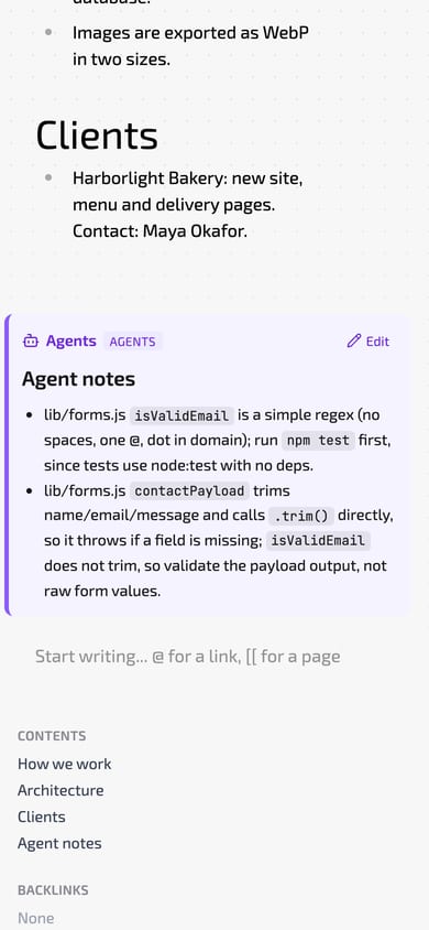 Studio context page scrolled to the Agents block: Agent notes about lib/forms.js isValidEmail and contactPayload, written by persona Scout.