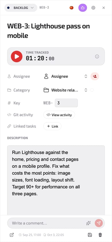 Task WEB-3 Lighthouse pass on mobile: three checkpoints, 1h 20m tracked.